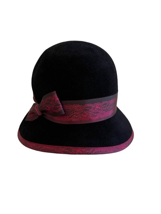Louise Green Black Burgundy Lace Ribbon Bow Hat Cloche Style 100% Wool USA main image 13
